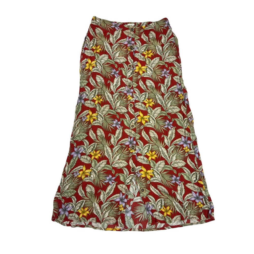Aeropostale Floral Boho Midi Skirt Womens XS Red Excellent Tropical Button Front